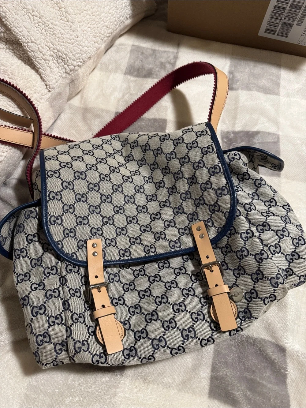 Gucci Beige GG Canvas Satchel Diaper Bag with Blue Trim and Tan Straps